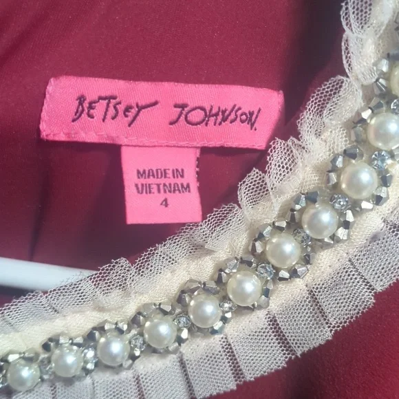 Betsey Johnson Burgundy Midi Dress with Cream Trim 4 - Picture 3 of 6